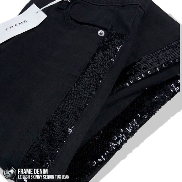 FRAME DENIM LE HIGH SKINNY SEQUIN TUX STRIPE JEAN NOIR BLACK WOMEN’S SIZE 27 NWT - Picture 5 of 16